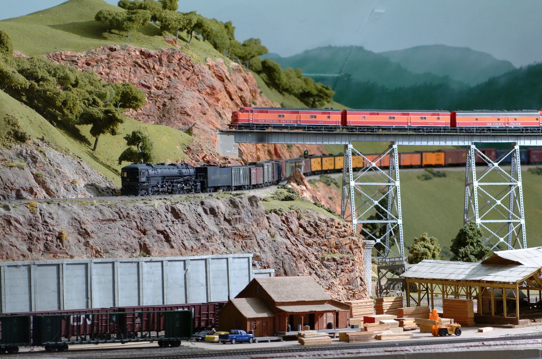 Trains running on part of the layout at the Napa Valley Model Railroad Historical Society